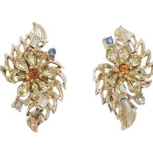 Early 1950s Corocraft Rhinestone Flower Clip Earrings